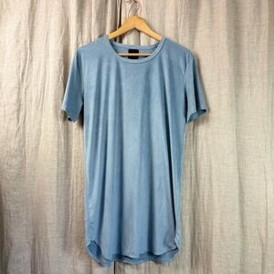 Mens Blue Suede Look Longline T-Shirt Size L Minimalist Soft Stretch Streetwear